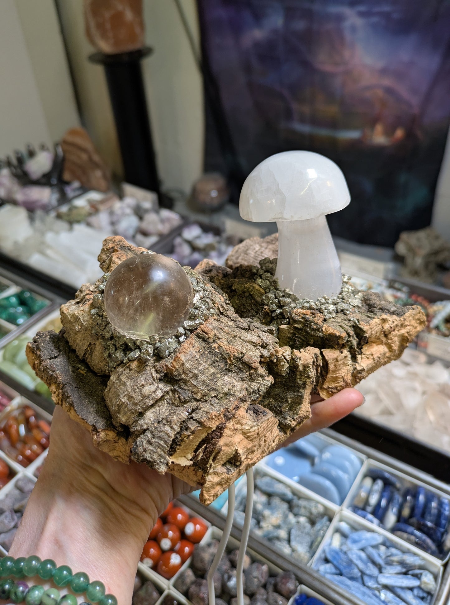 Calcite Mushroom and Quartz Orb Light Base Illuminated Lamp