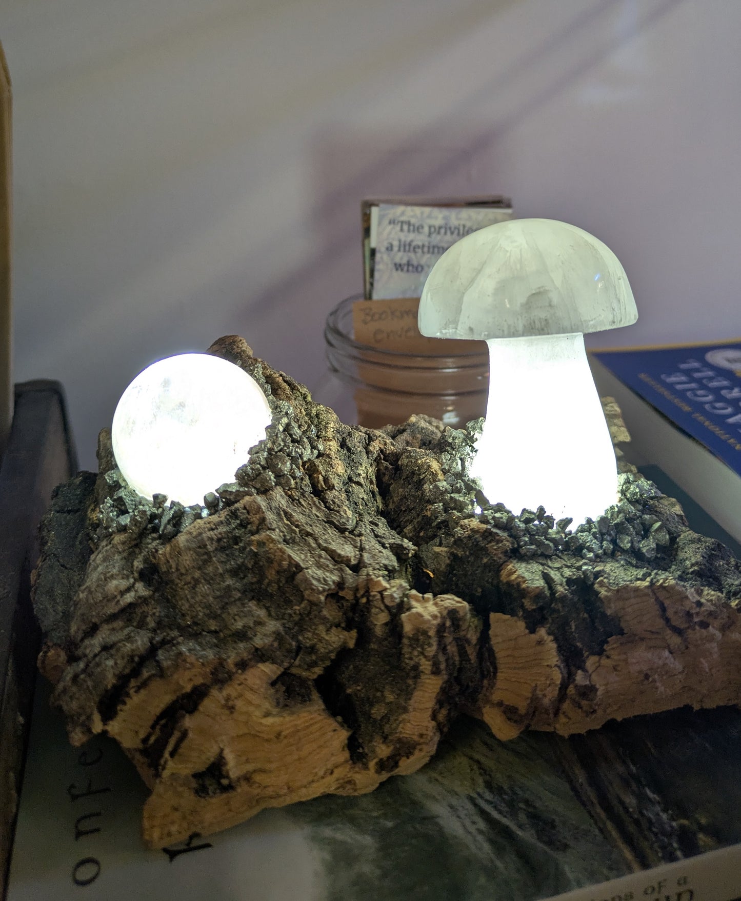 Calcite Mushroom and Quartz Orb Light Base Illuminated Lamp