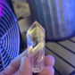 Polished Quartz Tower with Powellite and Smokey Phantoms from Minas Gerais, Brazil