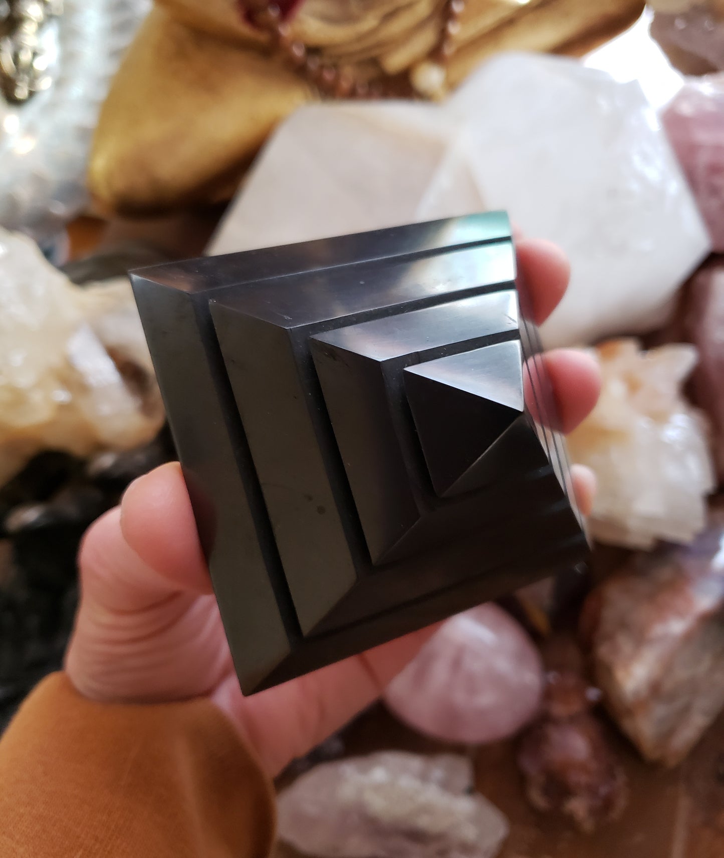 Shungite Energy Polished Pyramid from Russia (Base: 2 7/8 X 2 7/8 inches Height: 1 5/8 inches)