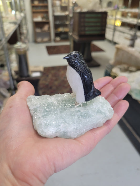Peter Muller Carving, Obsidian and Quartz Penguin on Aquamarine from in Brazil