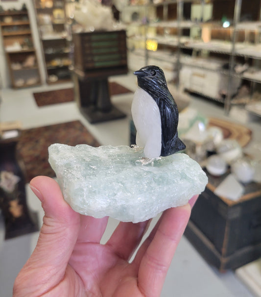Peter Muller Carving, Obsidian and Quartz Penguin on Aquamarine from in Brazil