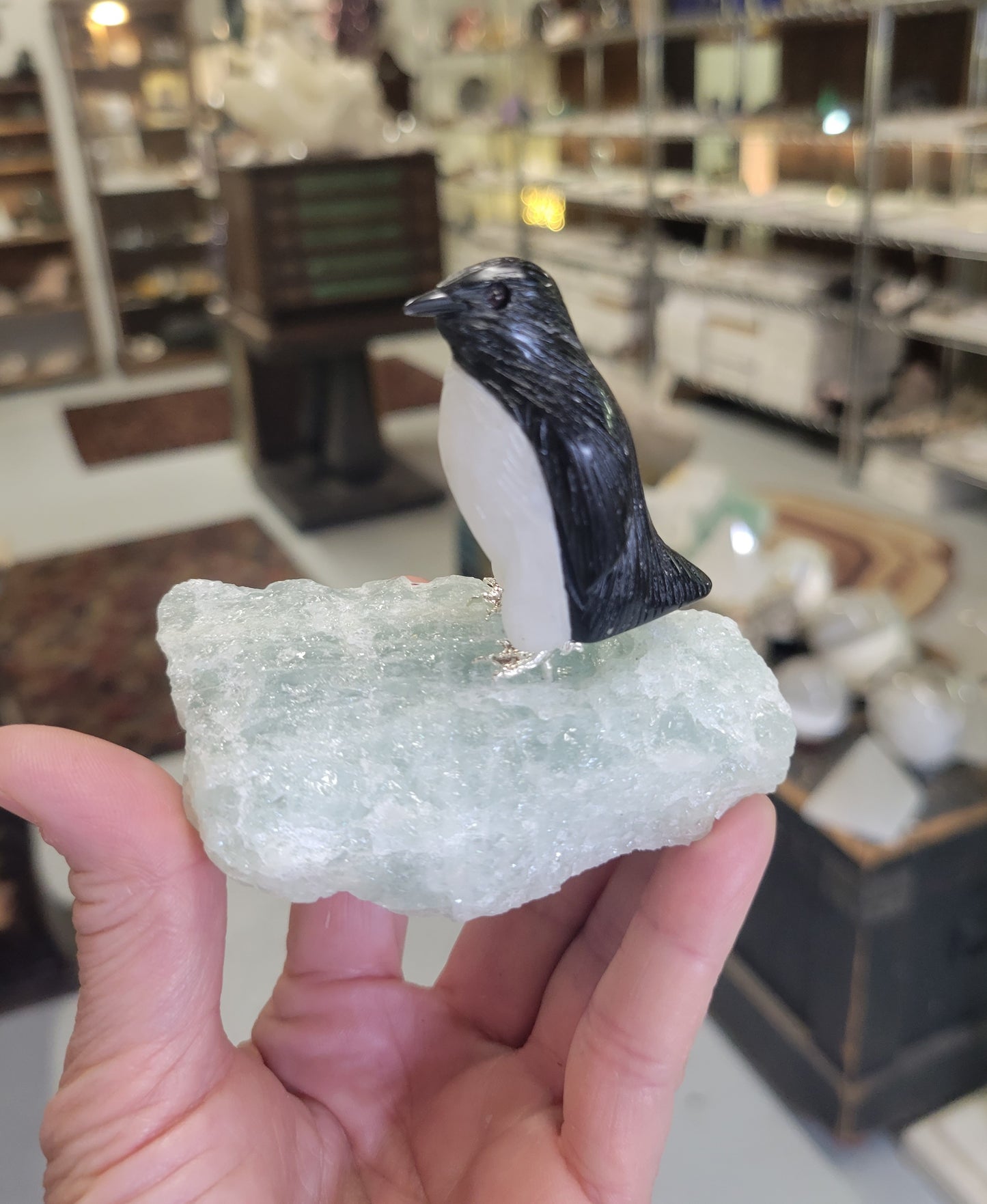 Peter Muller Collection, Obsidian and Quartz Penguin on Aquamarine