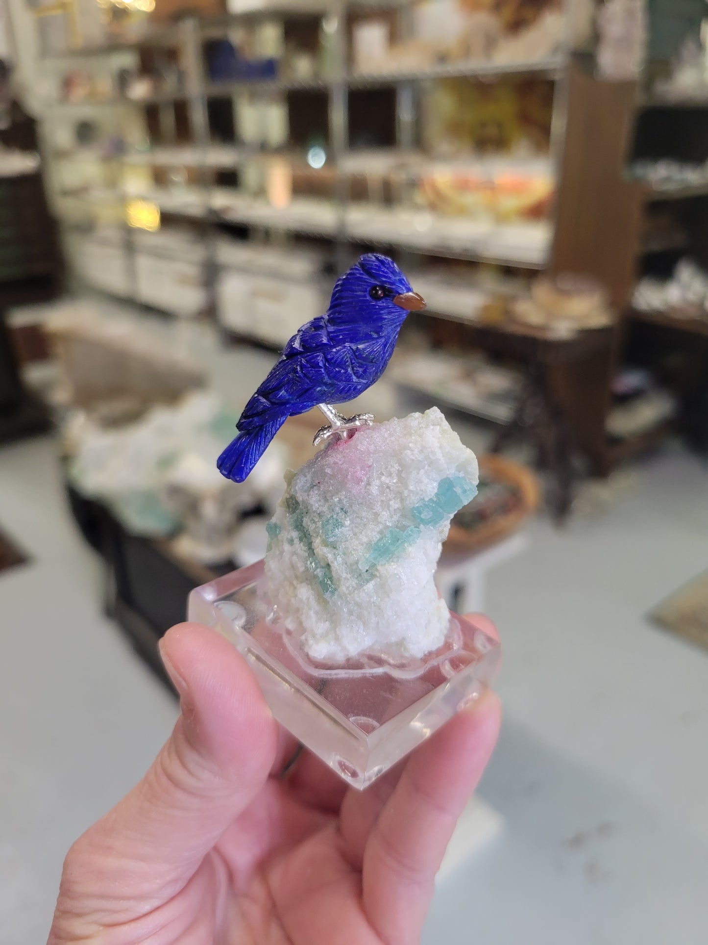 Peter Muller Collection, Lapis Lazuli Bluejay on Aquamarine and Quartz Carved and Polished in Brazil (W 3/4 X 1 3/4 (beak to tail) inches)