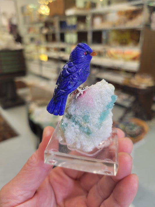 Peter Muller Carving, Lapis Lazuli Bluejay on Aquamarine and Quartz from Brazil
