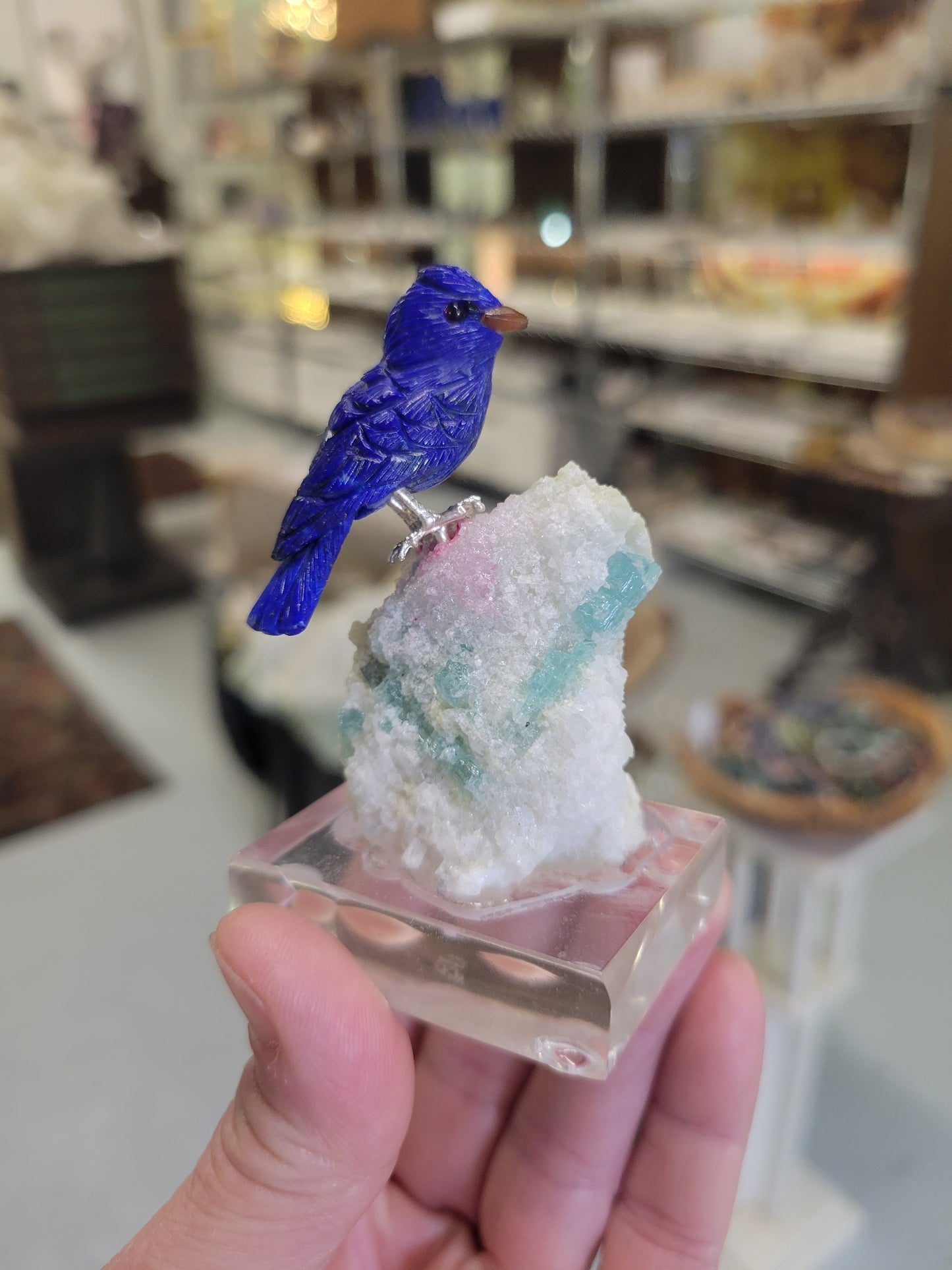 Peter Muller Collection, Lapis Lazuli Bluejay on Aquamarine and Quartz Carved and Polished in Brazil (W 3/4 X 1 3/4 (beak to tail) inches)
