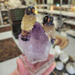 Peter Muller Collection, Rainbow Fluorite Owls on Amethyst Carved and Polished in Brazil (W 3/4 inches, 2 1/8 inches from head to tail)